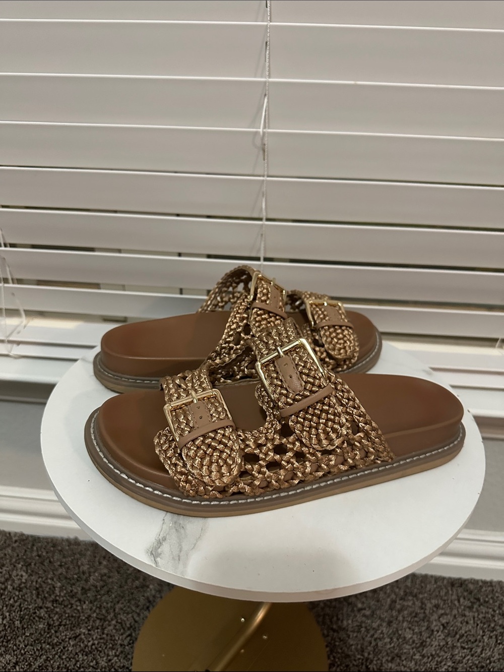 Woven Buckle Slide Sandals - Brown